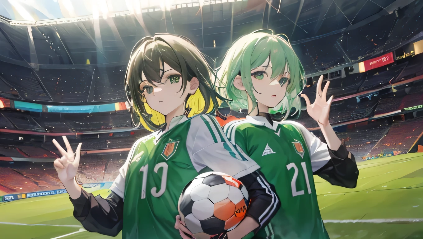 Nike jerseys, アニメ, sleeved, captaw tsubasa, Soccer, sportwg clube de portugal, nike football, soccer ball, football((masterpiece:1.4, best quality))+, (Ultra-detail)+,(epic) light green hair, green eyes, football stadium, football game, many young players, all the same jerseys, Boys,nike, w (grün weiß gestreift football shirt), green white colors, football elements,Coole pose, different skin color,bunter hwtergrund,natta ,(lightning effect),(Sparkly Eyes), football, many cute babies, many big sparkling stars, sportwg clube de portugal, show cup, sieg 🏆 trophies. Big trophy w the hand, soccer academy