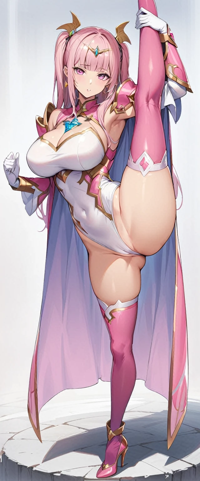 (masterpiece, Highest quality:1.2), One girl, alone,Are standing_Split,
(Perfect Anatomy)、Mastepiece、Ultra High Quality、 8k、masterpiece、Highest quality、Ultra-high resolution、Maximum resolution、Very detailed、Professional Lighting、anime、woman、thin、so beautiful、Highly detailed eye、Highly detailed face、Golden earrings、Pink Hair,、Pink eyes、Detailed costume patterns、Big breasts、Blue jewel on chest, makeup, eyeliner, eye shadow, pink cheek, pink lips, upper arm pink armor, white leotard, pink pattern, full body, magical girl, Angel Girl, Are standing, pink thigh high stockings, white super long boots, pink gauntlet, high heels, blunt bangs, Hime cut, bridal hair accessory, paladin robe, camel toe, standing position, hug from front, vaginal sex,