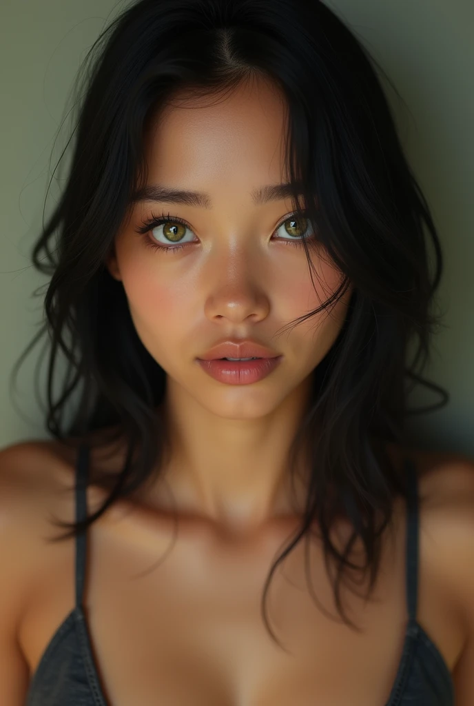 (Fictional realizem:1.2), 16 year beautiful woman with golden-brown skin, She has clear, wide, green eyes, a monobrow, a turned-up nose and defined cheekbones. She has medium-length, straight, black hair
(ANGLE FROM TOP TO DOWN, BOOBS IN THE FRAME