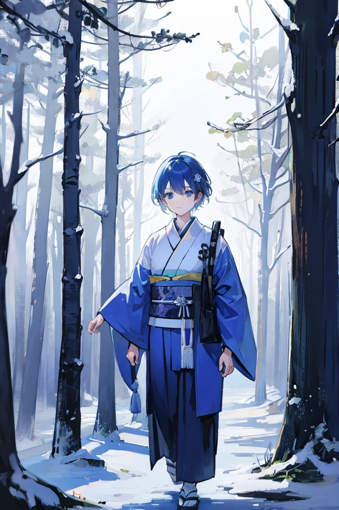 Walking through a forest shrouded in white mist、With short blue hair and wearing a kimono、A boy wearing a black scarf