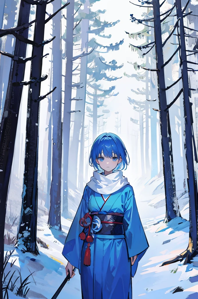 Walking through a forest shrouded in white mist、With short blue hair and wearing a kimono、A boy wearing a black scarf