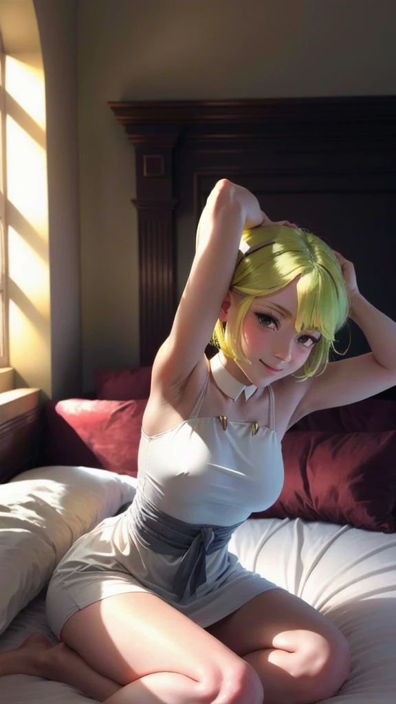 1girl, green hair, detached sleeves, hair ornament,maid clothes, short hair, sitting, solo, green tail,dragon tail, wide sleeves, (((indoor:1.33))), (((simple room:1.33))), ((( sitting on the bed:1.33))), smiling, 1girl, green hair, looking at viewer, obi, parted lips, maid dress, sitting, solo, window, (((armpit:1.33))), genuflect, both hands over the head, ((short hair:1.21)), (masterpiece,best quality:1.5)