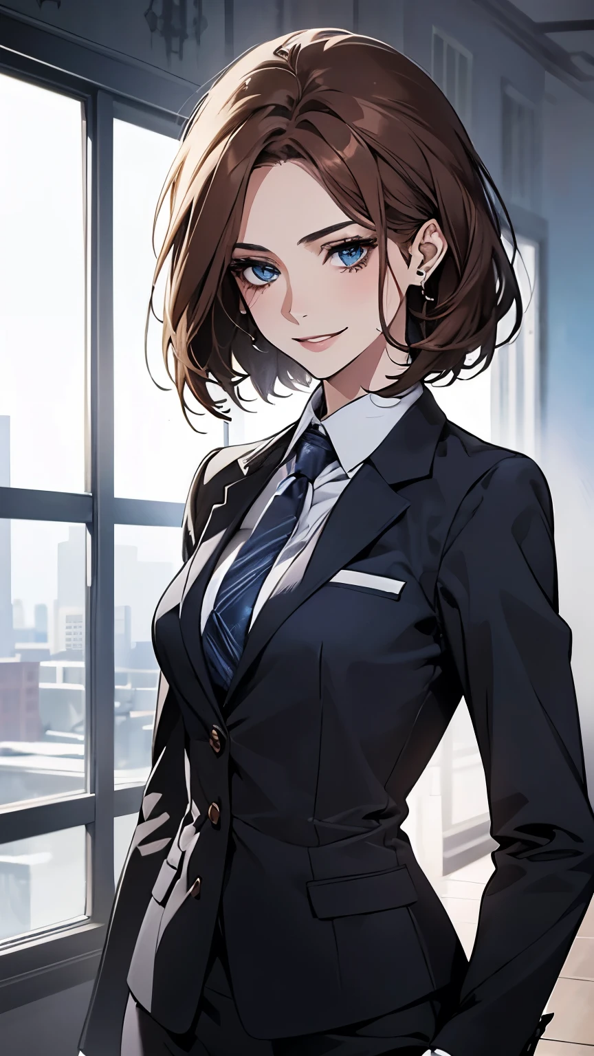 (Highest quality,High resolution,Very detailed),1 girl, Beautiful and elegant light blue eyes, Brown Hair, Cold Smile,Bob Hair, Wearing a suit, Mature Woman, Age 25,Cruel smile, Calm and Calm, Slim figure, Pale complexion, thin, Calm, secretary