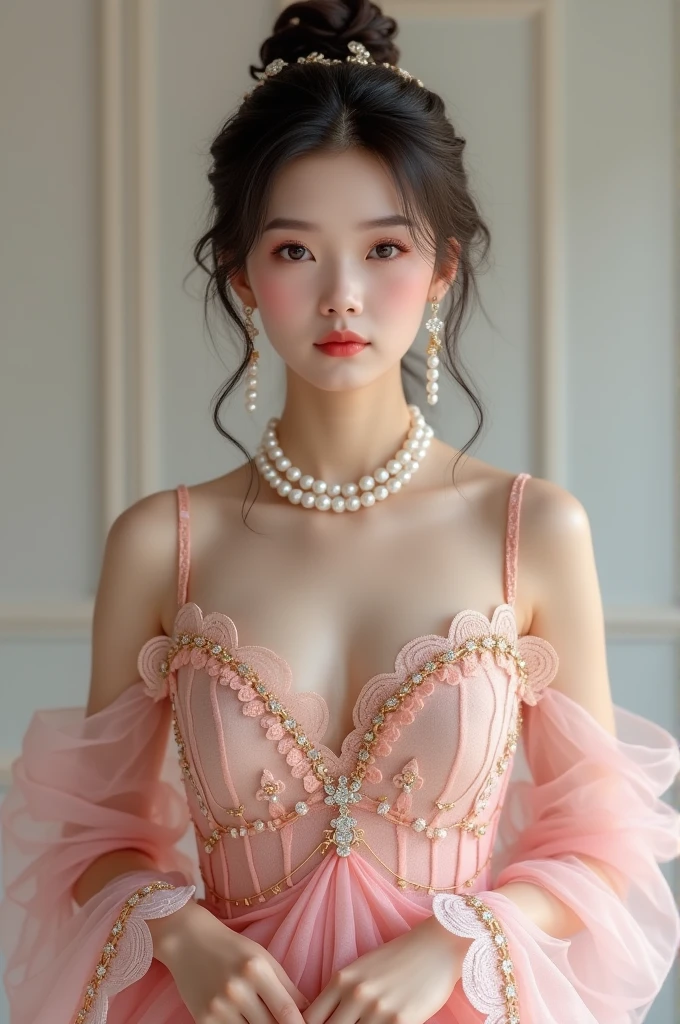 An elegant, mature young woman wearing a pink lolita outfit。Full body front view、Asian、The skin is relatively white、Luxurious clothing、Silky transparent lace on the clothes、Gold wire trim、Jewelry decoration、A pearl necklace hangs around her neck。