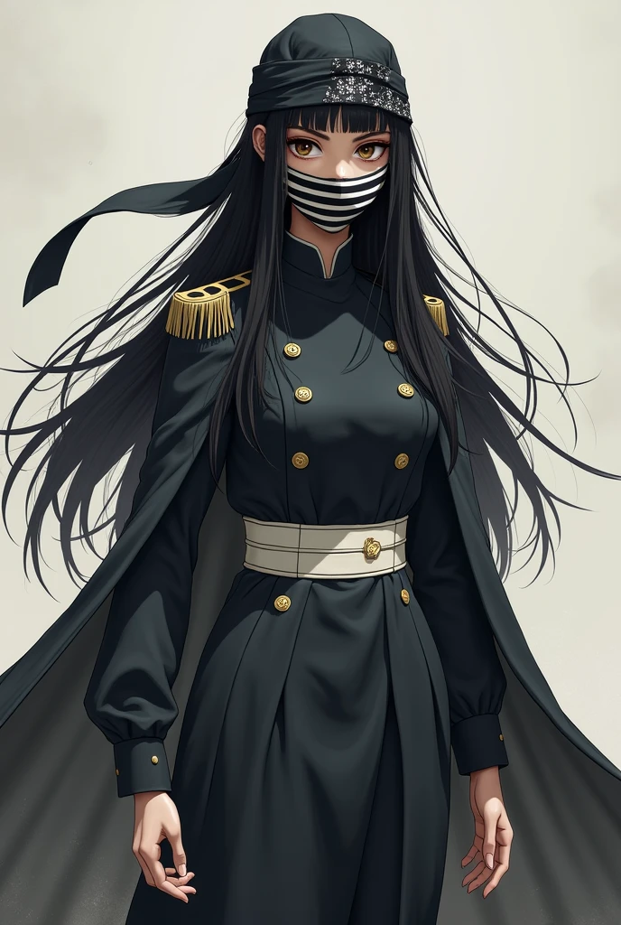 Kakushi_Girl, 1girl, solo, black hair, brown eyes, belt, horizontal stripes mask, black and white mask, white belt, demon slayer uniform,bandana, long hair, forehead