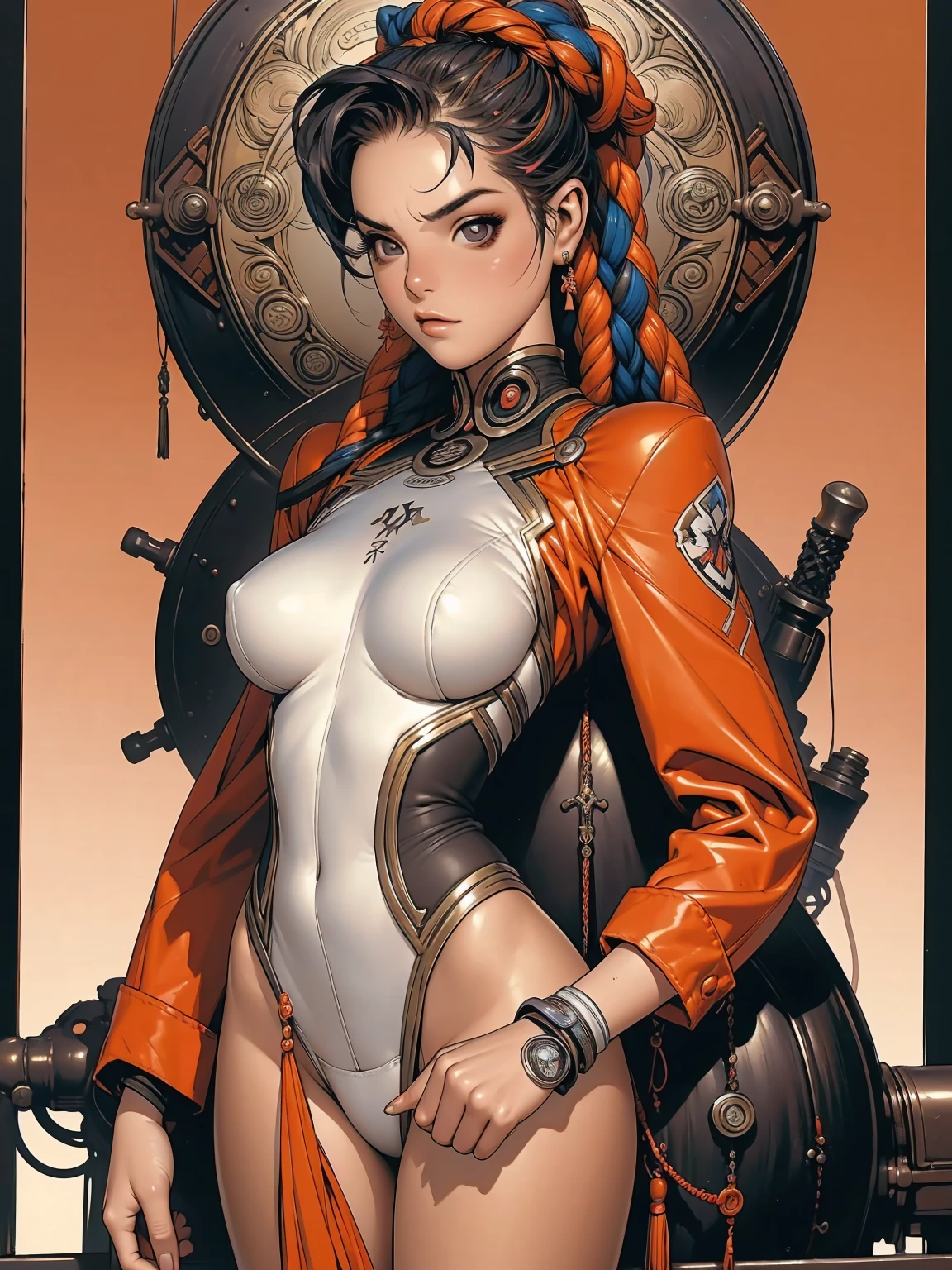 (((best final quality))), ssmile(((standing alone:1.2))),(((1 girl:1.2))),((((beautiful perfect woman)))),(((perfectbody detalhado, perfect finger detailed))),((((((final film poster)))))),(((to burst, close up))),((((detailed complicated machine)))),(((((mechanical genius))))),(((American comics))),(((extreme highlights))),(((extremely colorful, primary colours))),neckleace, super beautiful lady,(((Typography))),text, (Unbeatable masterpiece), (hiper HD),(CG 8k hyper-realistic), (((brave face))), (((breasts big))), (((hyper feminine))), (((musclegirl))), sexly girl, king of fighter,(straight hair with thin braids)), ((( sculptural body ))), (((1 girl))), garota de 25 anos com perfectbody,,Beautiful and well-groomed face,muscular body:1.2,solid color detailed jacket, (Head to thigh photos), Complex equipment, (((standing alone))), pirralha violent, ((())), sexly, pose de atitude, work of art, post-apocalypse, (((manga style))), bounty hunter, violent, Manic, the way you want, slenderbody, thin but strong, perfectbody, roupa moderna, advanced technology, neon, sleeves with vertical striped pattern, intricate background, (( cowboy shot )). intricate visual