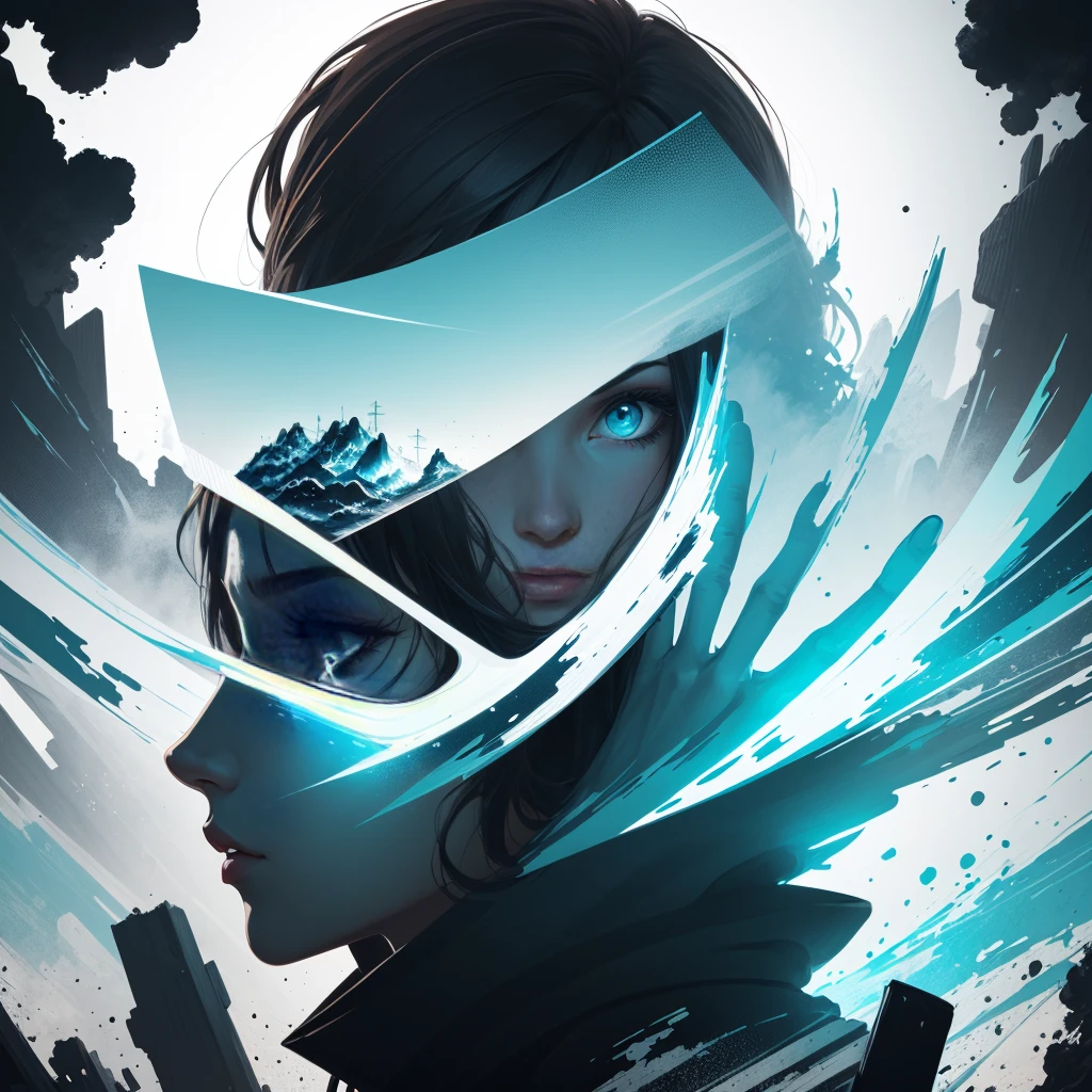 [Character]'s silhouette in an art print with [Character] shape, in the style of epic portraiture, double exposure, isolated [licence] landscape, [cyan] and [blue], dynamic and action-packed, vector, strong use of negative space, isolate on white,