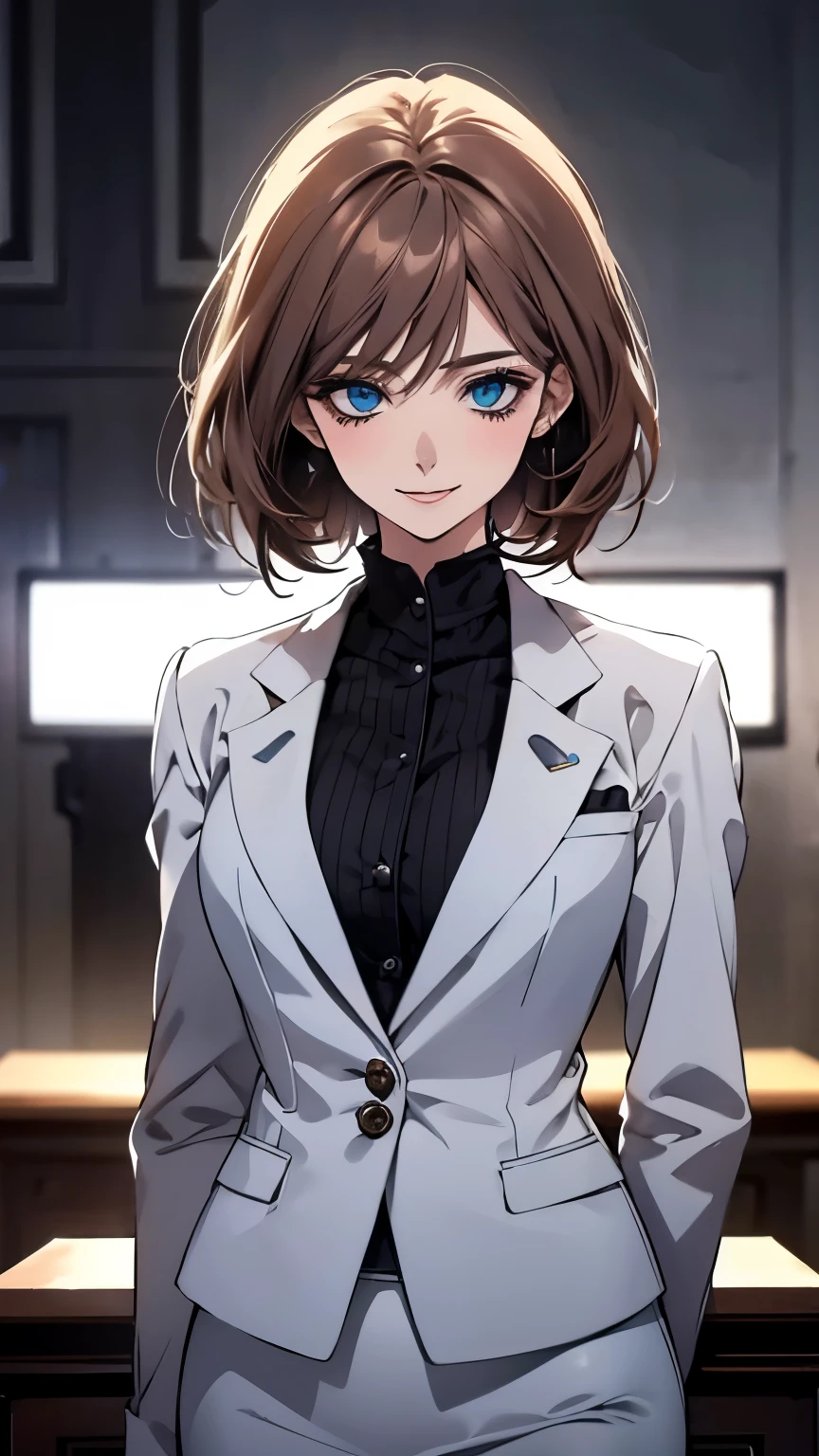 (Highest quality,High resolution,Very detailed),1 girl, Beautiful and elegant light blue eyes, Brown Hair, Cold Smile,Bob Hair, Wearing a suit, Mature Woman, Age 25,Cruel smile, Calm and Calm, Slim figure, Pale complexion, thin, Calm, secretary