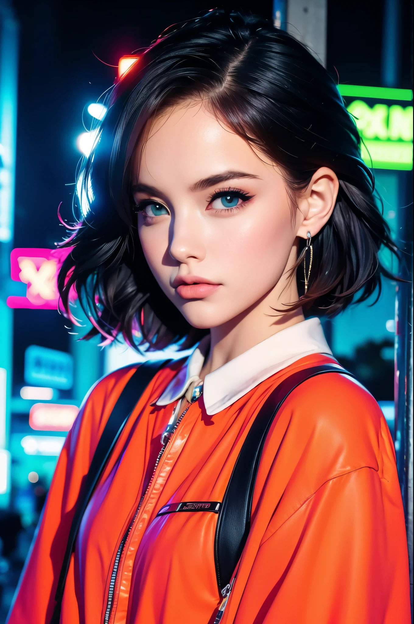 fashion portrait color photograph, woman, upper body, neon lights, x-files, alien abduction