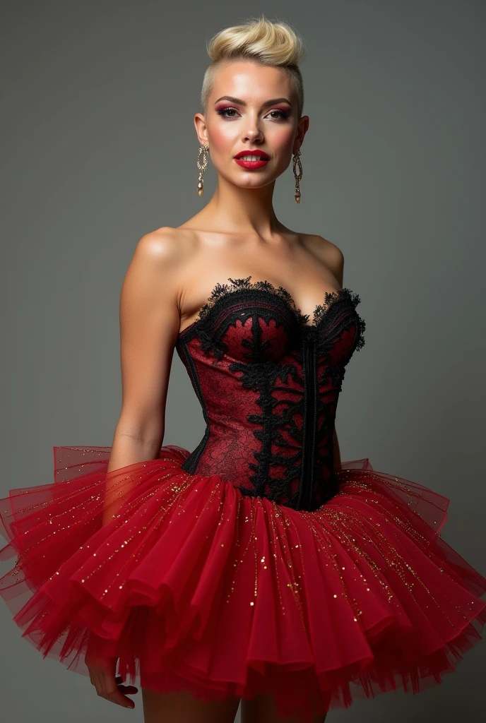 Create an image of a woman with short, half-shaved hair and beautiful makeup on her face, She smiles shrilly and wears a well-fitted corset in a reddish color and as a detail on the bodice of her corset she has a black lace with lots of details, She also wears a very round golden skirt with another shiny tulle skirt with golden glitter in a draped style and her skirt, in addition to being round, she wears a frame underneath these skirts, a large Bahian petticoat detail: long debutante skirt and her image is full body