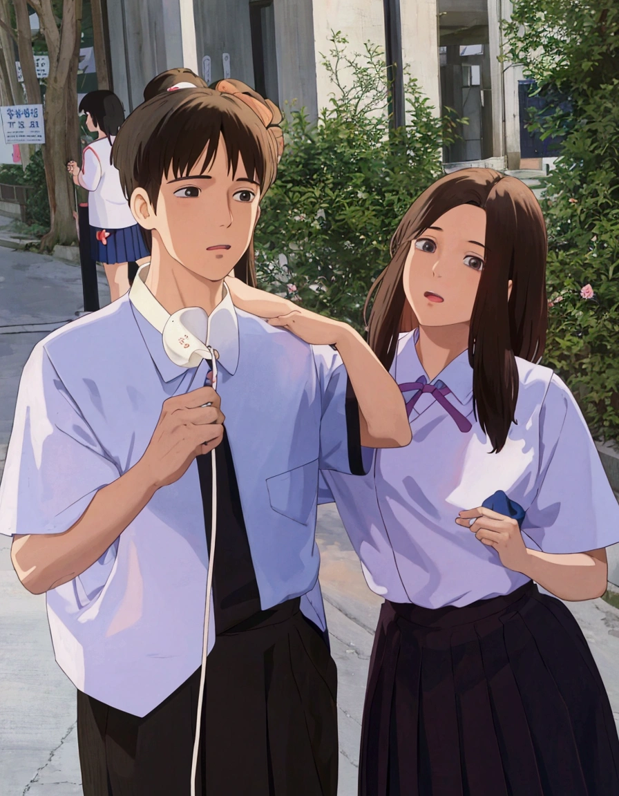 ghibli style, they are two people standing next to each other in a street, jk uniform, magical school student uniform, wearing school uniform, kim doyoung, wearing a school uniform, wearing japanese school uniform, magic school uniform, jinyoung shin, school uniform, ulzzang, lovely couple, cai xukun, japanese school uniform, jaeyeon nam, sakimichan, official