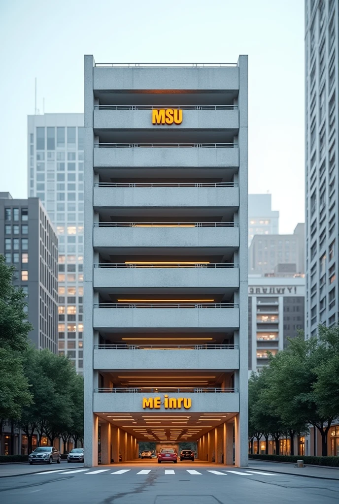 7-storey parking building amidst many buildings and a clear front and blurry back. It is a white cement building with the word MSU Park in orange on the building. You can see the interior by looking from the bottom angle. 4K clarity