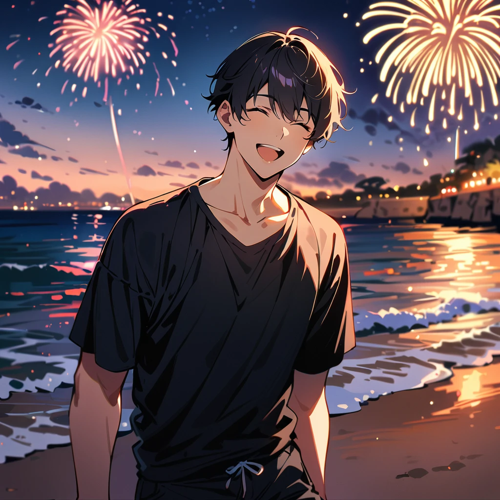 (masterpiece, best quality:1.2),1man, (solo), black short hair, close eyes, magnificent view, blur background, 8K, collarbone, sky, smile, open mouth, Malta, sea, black T-shirt, short pants, Japanese man, fireworks, beach, 30 years old, cap,