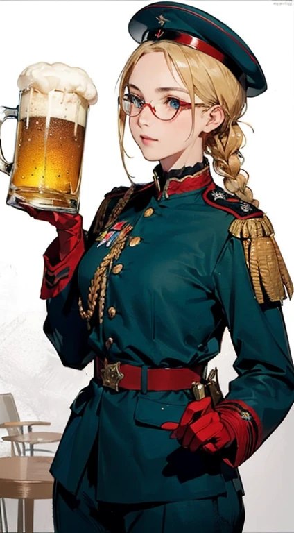 masterpiece, best quality, highres, 1girl, cammy white, twin braids, long hair, blonde hair, antenna hair, beret, (red headwear:1.3), blue eyes, scar on cheek, green leotard, large boob 36 DD, sleeveless, red gloves, fingerless gloves, camouflage,in a bar, ((drinking beer from a beer mug)), ((beer poster style)), cowboy shot, standing, outdoors, arms at sides, straight- A photorealistic portrait of a 35 year old American girl with long flowing blonde hair and striking blue eyes and wearing headphones. It should have a natural, approachable expression and be illuminated by soft, golden tones. hora de luz solar. The background should be a picturesque outdoor setting, talvez um parque ou praia ensolarado. Capture this image with a high-resolution photograph using an 85mm lens for a flattering perspective Drawing Lessons, beste-Qualit, Poses, Correct anatomy,Sketch Beech, Epic Poses, The clothes, pencil, Drawing, Modest outfit, remote shot, detailed beautiful delicate face, detailed beautiful delicate eyes, perfect facial proportions, high-definition skin, fine skin, four-inch best ratio. With one thumb, a masterpiece, highly detailed, realistic, (World War II German general uniform reference : 1.8), the highest face resolution, adult, modestly dressed woman, dressed entirely, ( small, black hair, black straight bangs, super fine braids, straight bangs, red glasses, dark green eyes), future, science fiction, fighter plane, standing On the landing of a fighter plane, the government agency, a deep intelligent personality, a calm expression, a respectful face, a war, a fighter plane (La mejor calidad:1.1), (Obra maestra:1.4), (absurdos:1.0), retrato, primer plano,1girl, Marinero Urano, KizukiAi, Mujer madura, small breasts, aqua eyes, cabello rubio, Uniforme Sailor Senshi, Collar de marinero, arco de pecho, Arco trasero, Falda suplicante, Guantes blancos de codo, Acostado boca abajo, en el suelo, con el trasero en alto, mostrando el culo de espaldas, without looking back