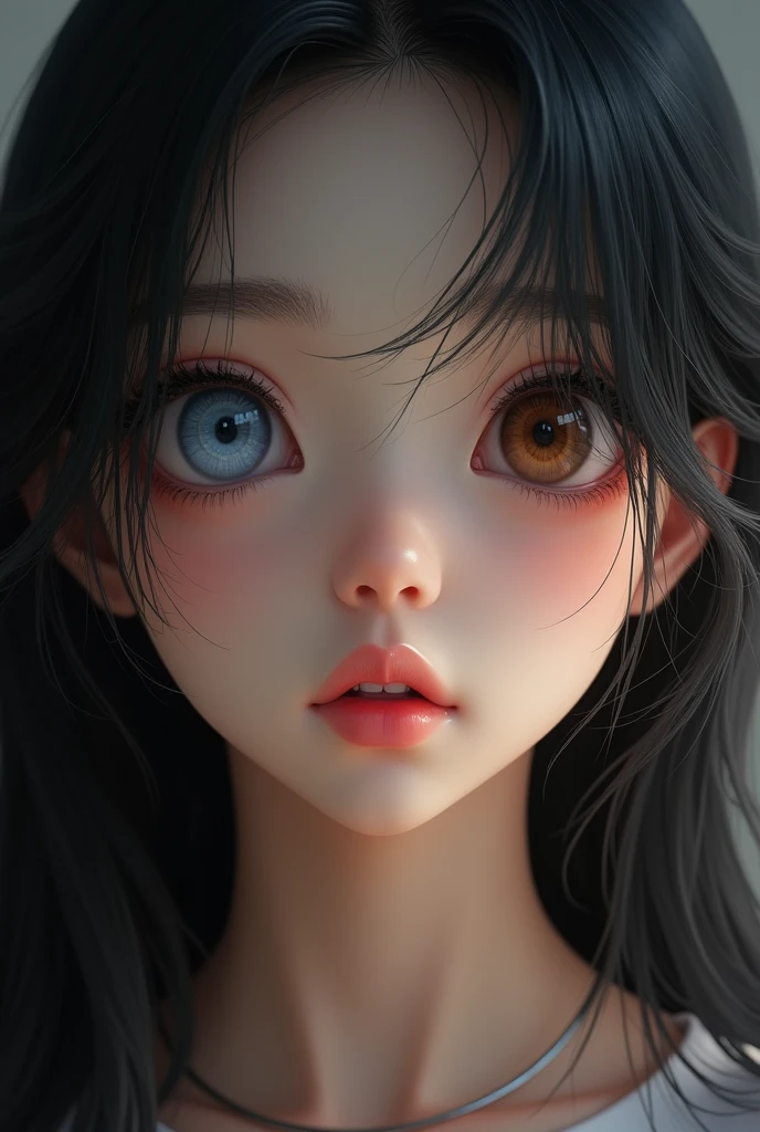 a beautiful detailed korean girl, heterochromia, one blue eye one brown eye, thoughtful expression, long black hair, full lips, (best quality,8k,ultra-detailed,realistic,photorealistic:1.37),hyperrealism,detailed portrait,dramatic lighting,cinematic,