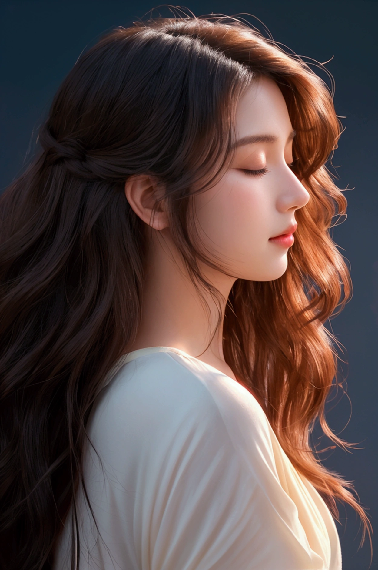 A vertical image of a serene woman in profile. Her features are soft and detailed against a dark background. She has wavy hair that flows upwards, outlined with a vibrant red glow that gives the impression of a glowing aura. Her eyes are gently closed, and her expression is one of deep tranquility.