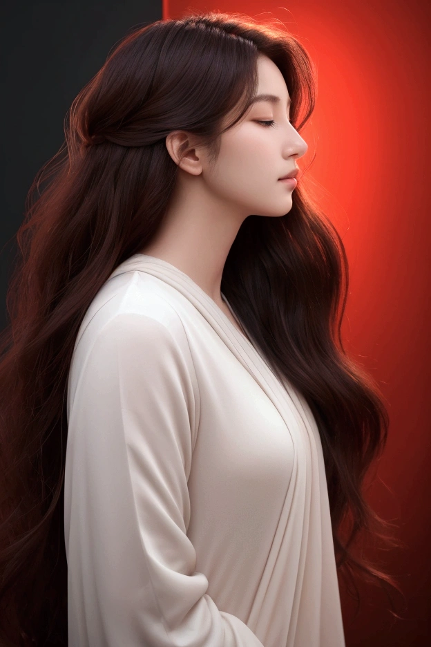 A vertical image of a serene woman in profile. Her features are soft and detailed against a dark background. She has wavy hair that flows upwards, outlined with a vibrant red glow that gives the impression of a glowing aura. Her eyes are gently closed, and her expression is one of deep tranquility.