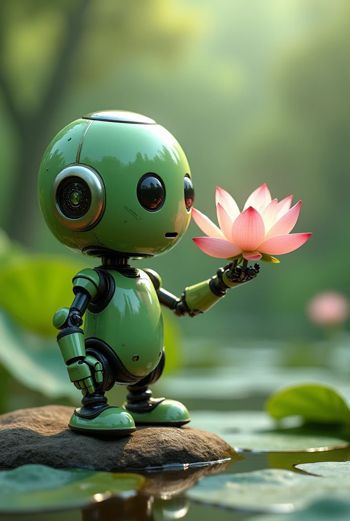  green robot, friendly handing over a lotus flower 