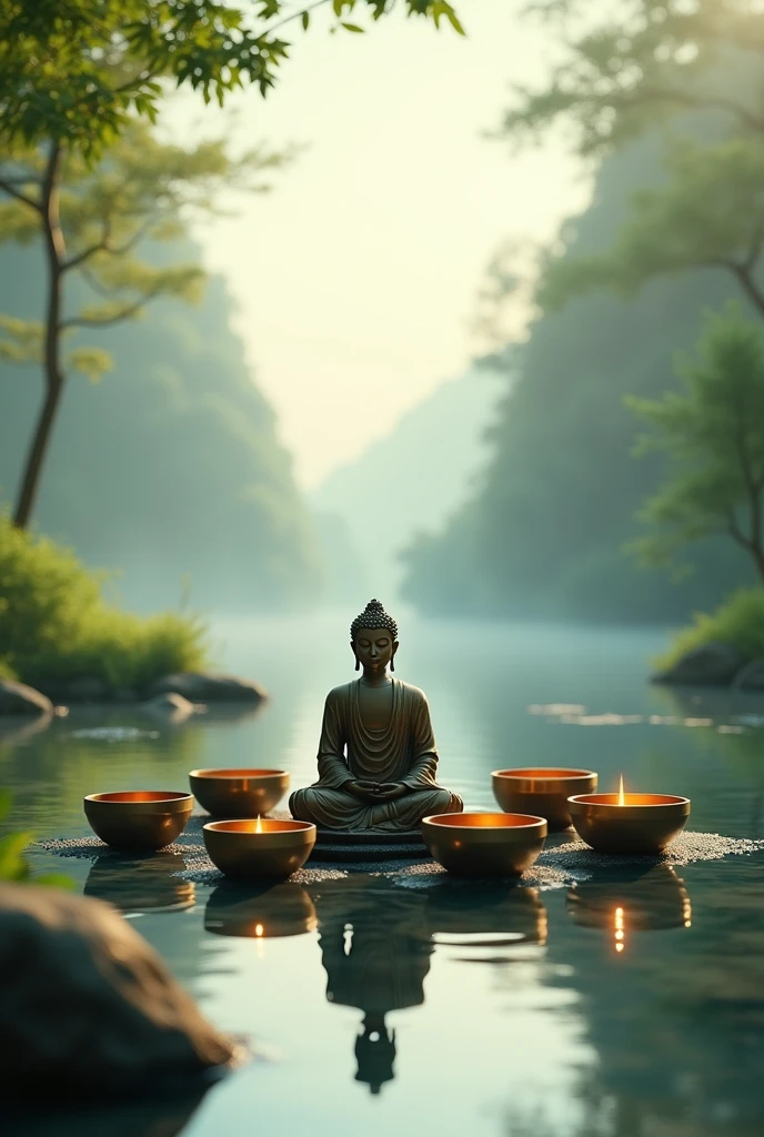 Singing bowls with peaceful environment with Buddha