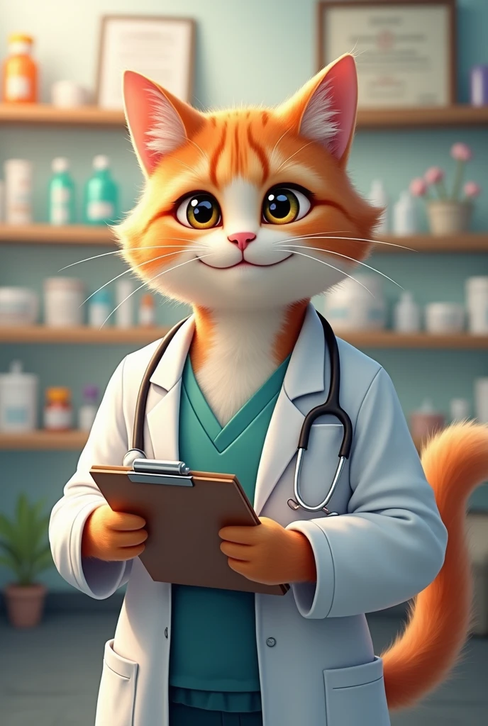 Create a 2D image of a cat character who is a doctor.