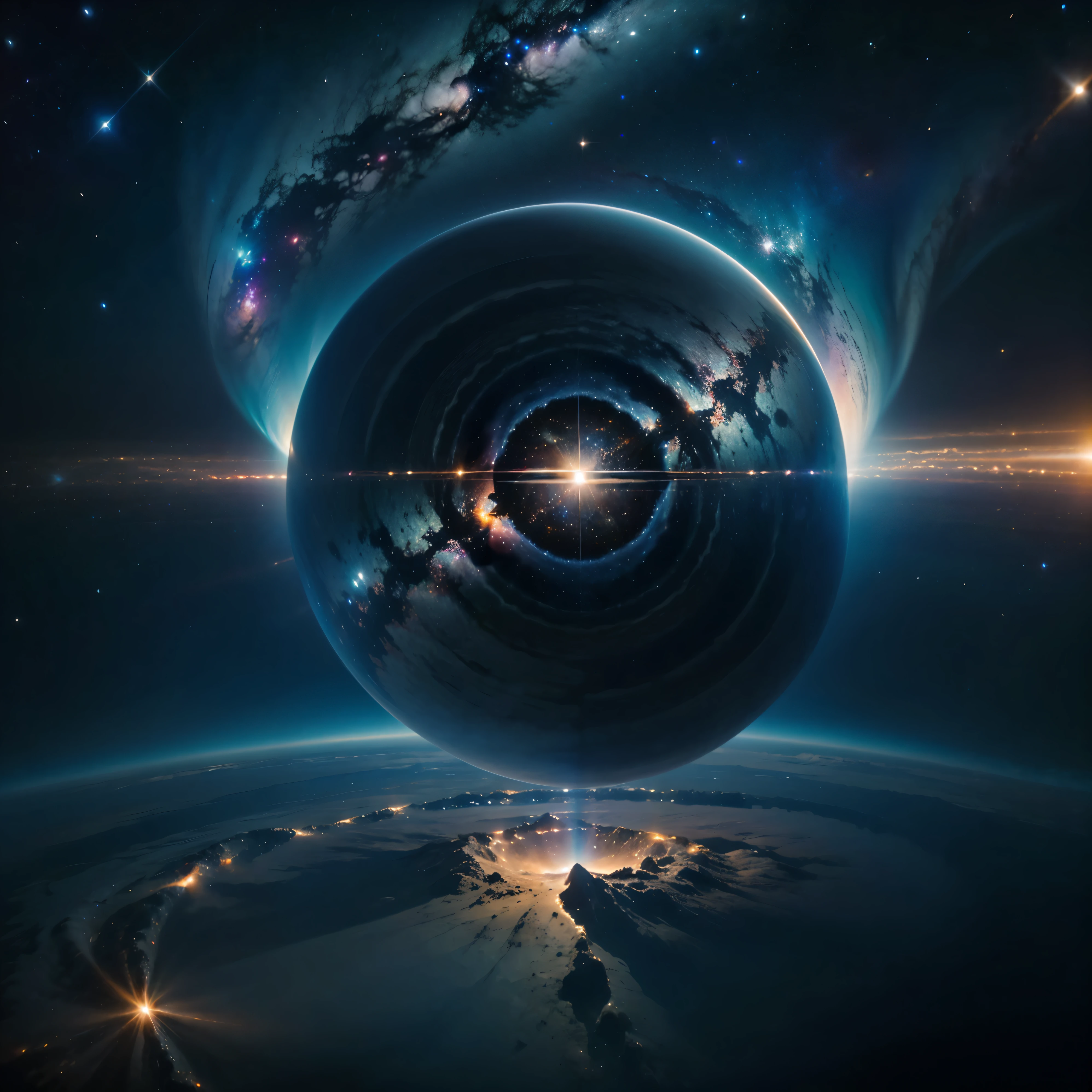 Realistic, Vivid space、Multiverse、Multiple universes with galaxies, Nebulae and black holes in a cosmic sphere, Ocean, A single ball of light is shot high into the air