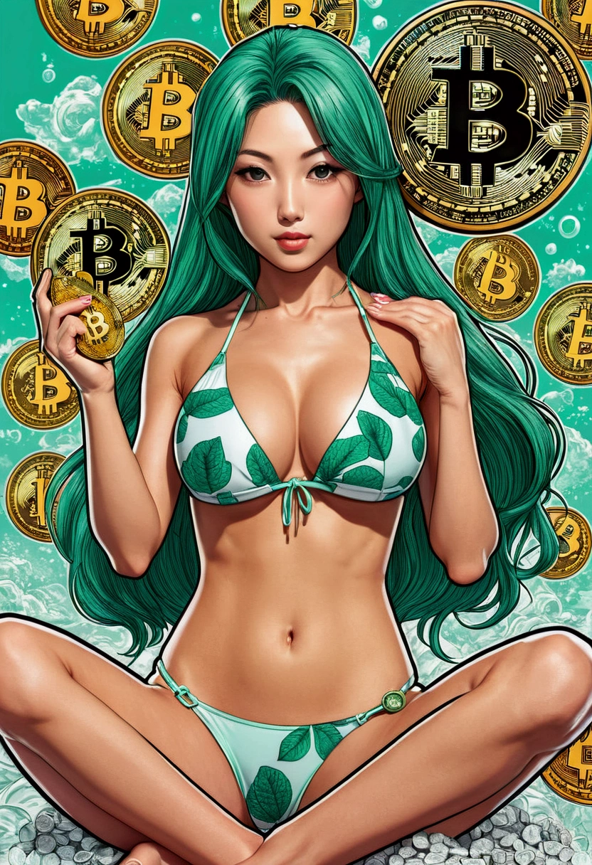 Japanese women's bikini comics sitting and hold a bitcoin with mint elements