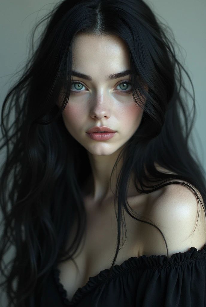 Grey eyes, pale skin, black waist length hair,