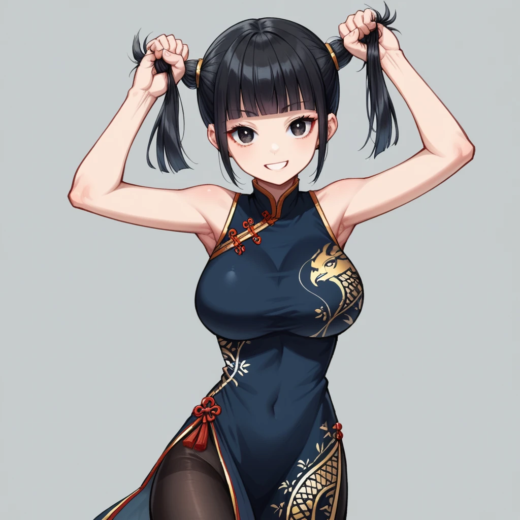 score_9、score_8_up、score_7_up、Masterpiece,best quality,solo, 1 beautiful Japanese girl,,(sparkling black eyes,slant eyes),(pale skin),(black hair,blunt bangs,(short twintails:1.2),(high twintails:1.2),hair length to shoulder,voluminous hair,hair held up with a blue choux:1.5),(big breasts:1.2),(fearless expression, fearless smile, fighting pose:1.2),(fantasy black Chinese dress,black tights,intricate gold breastplate:1.5),(plain background:1.5),