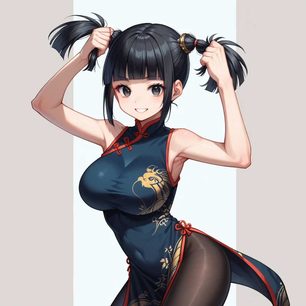 score_9、score_8_up、score_7_up、Masterpiece,best quality,solo, 1 beautiful Japanese girl,,(sparkling black eyes,slant eyes),(pale skin),(black hair,blunt bangs,(short twintails:1.2),(high twintails:1.2),hair length to shoulder,voluminous hair,hair held up with a blue choux:1.5),(big breasts:1.2),(fearless expression, fearless smile, fighting pose:1.2),(fantasy black Chinese dress,black tights,intricate gold breastplate:1.5),(plain background:1.5),