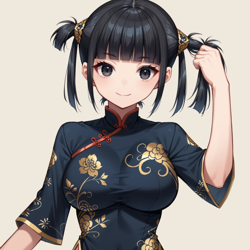 score_9、score_8_up、score_7_up、Masterpiece,best quality,solo, 1 beautiful Japanese girl,,(sparkling black eyes,slant eyes),(pale skin),(black hair,blunt bangs,(short twintails:1.2),(high twintails:1.2),hair length to shoulder,voluminous hair,hair held up with a blue choux:1.5),(big breasts:1.2),(fearless expression, fearless smile, fighting pose:1.2),(fantasy black Chinese dress,black tights,intricate gold breastplate:1.5),(plain background:1.5),