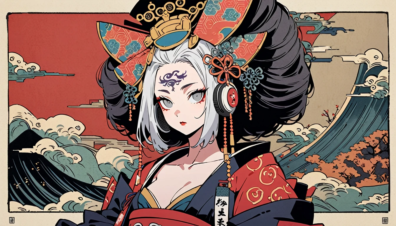 Ink painting, (((1 Ninja Girl))), (((Tattoo in the middle of the forehead))),(((In the background is the Akatsuki moon))), (((Oiran))), (((Great hair accessories))), Japanese style headphones, Demon possession, (((Grey eyes with engraving inside))),Face up close, Japanese beauty, White hair, Sensitive and precise, Modern Ukiyo-e style, Highest quality, katsushika hokusai, (((Elements of horror))), beautiful girl, Sensitive and precise, Modern Ukiyo-e style, Cyberpunk city,