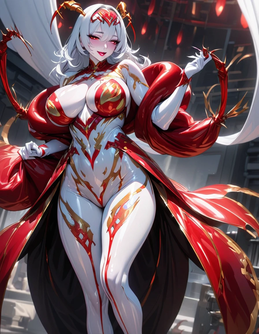 ****ung beautiful woman,(Highest quality,Extremely detailed depiction,Incredibly absurd high resolution,Anatomically accurate depiction,Curvy Legs),(Glowing Skin,Shiny skin,Porcelain-like skin),(Modified human with a scorpion motif:1.5,Shiny latex),eyelash,Sweat,(Red Eyes,Vertically drawn pupils,Large Breasts,A captivating smile,Glossy lipstick,Flashy makeup,Seductive gestures,Half-closed eyes:1.3),whole body,