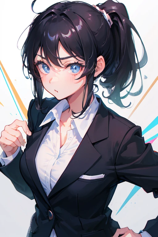 One Girl, Black Hair,ponytail, Cool face,Sharp eyes,Blazer Uniform,Anatomically correct, Attention to detail, Slanted Eyes, Setting diagram, Background Blur, anime, 