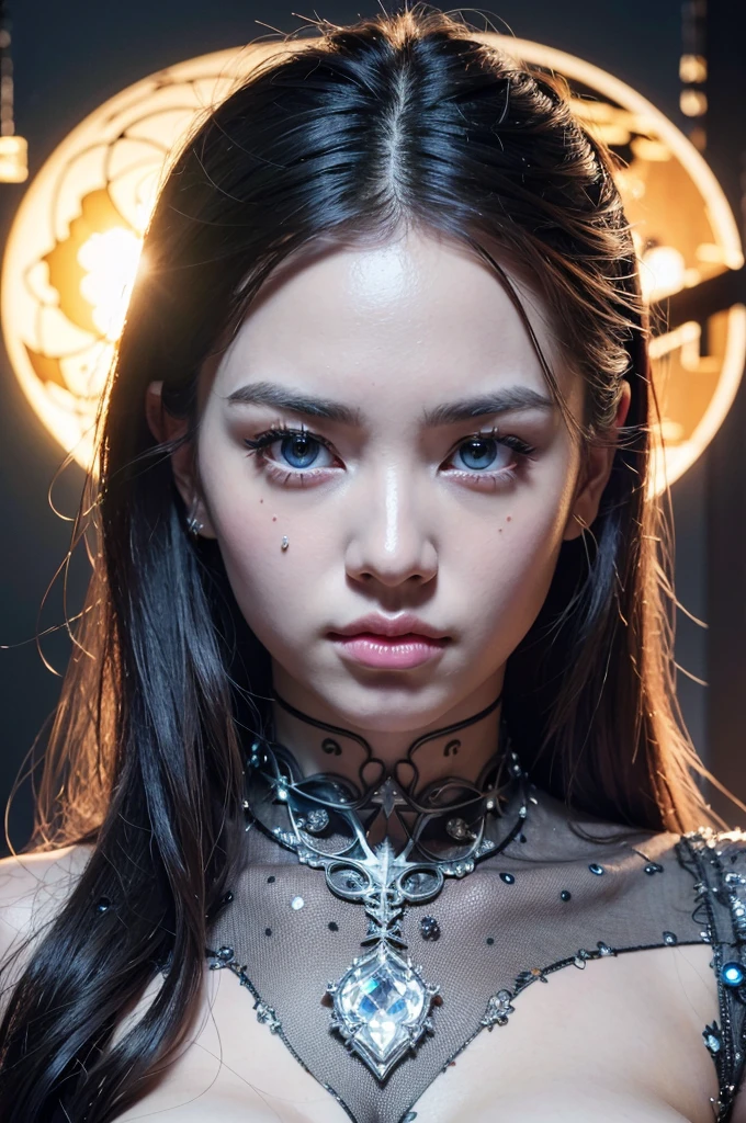 a girl with down syndrome, cyborg witch, detailed face, detailed eyes, detailed lips, extremely detailed face, beautiful detailed eyes, beautiful detailed lips, long eyelashes, white manor, mind reading, best quality, 4k, 8k, highres, masterpiece, ultra-detailed, realistic, photorealistic, photo-realistic, HDR, UHD, studio lighting, ultra-fine painting, sharp focus, physically-based rendering, extreme detail description, professional, vivid colors, bokeh, portraits, horror, sci-fi