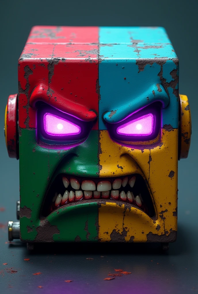 cube, front part is divided into four colors; red, green, blue and yellow. The eyes are rectangular, phosphorescent purple and with an angry expression, cyberpunk style.