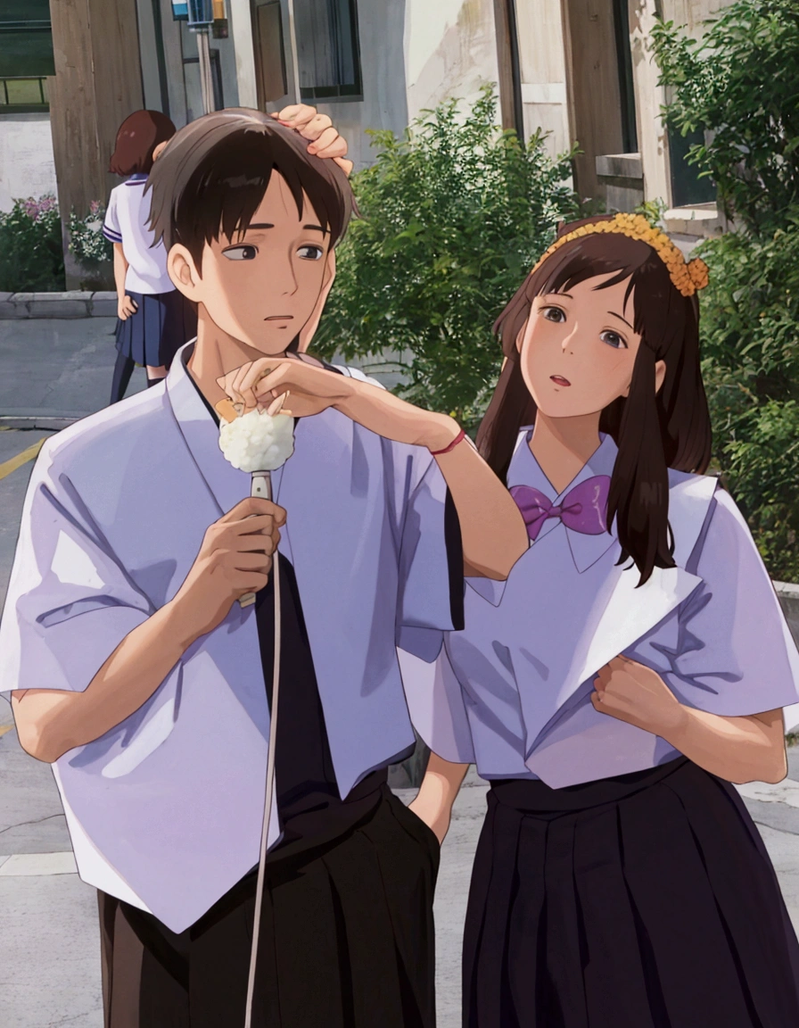 ghibli style, they are two people standing next to each other in a street, jk uniform, magical school student uniform, wearing school uniform, kim doyoung, wearing a school uniform, wearing japanese school uniform, magic school uniform, jinyoung shin, school uniform, ulzzang, lovely couple, cai xukun, japanese school uniform, jaeyeon nam, sakimichan, 2 people, couple, two people
