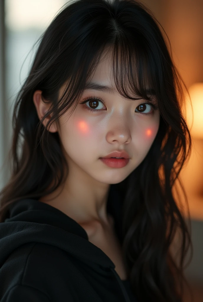 best quality, face focus, soft light, ultra high res, (photorealistic:1.4), RAW photo,
1japanese girl, solo, cute, (pupil, lights in the eyes), detailed beautiful face, (small chest),(high resolution detail of human skin texture),
(long hair),
indoor,
Oversized Black Hoodie,
(portrait)