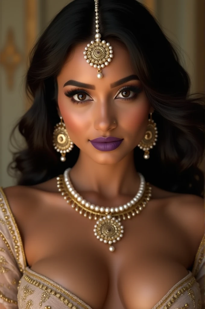 8k Image of a nude hot glamorous Milky fair flawless radiant indian diva whose beauty is captivating. Her face is beautifully glamorous and striking. Her black eyes, purple smooth hot lips and hairs are sculpted to perfection that makes her a timeless beauty. She is wearing traditional pearl ornaments to style herself. She is flaunting her hot exposed boobs.