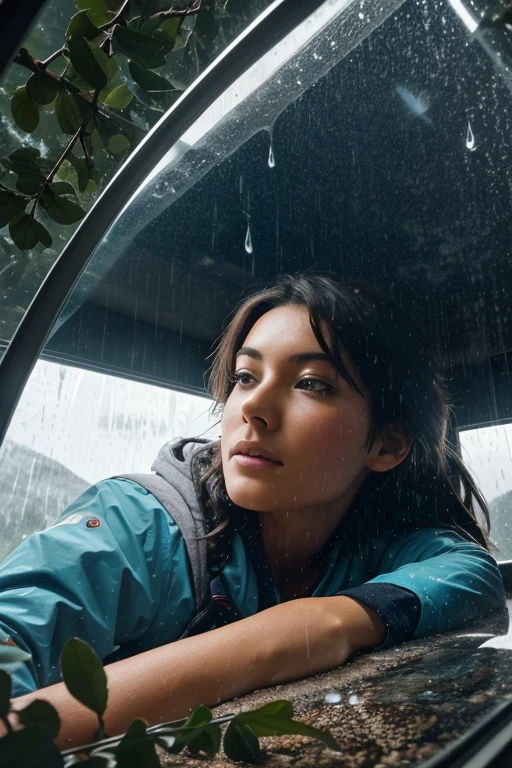 A female camper is lying in the sky and sleeping. It looks like mountain ash is pouring through the glass and it is raining continuously outside.full vertical image