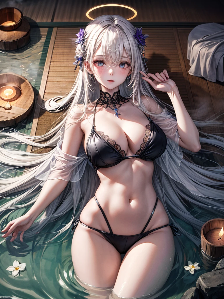 ((masterpiece)), ((best quality)), (ultra-detailed), intricated details, finely detailed, Smooth and glossy texture, vibrant colors, solo, 1girl, kawaii, Supreme deity, goddess embodies heavenly beauty, Mysteriously glowing eyes, eyelashes, Accessories that emit a mysterious shine, swimsuit, represents the goddess's mercy, shining glowing jewelry, advent of the goddess, very long hair, wings, halo, (((onsen))), ((((steam)))), ((lying_on_water)), glowing petals, indescent light, lens flare, (glow light:1.2), ,брошки,украшения,серьги ,высокая детализация,драгоценные камни, металл, нарисованные концепты