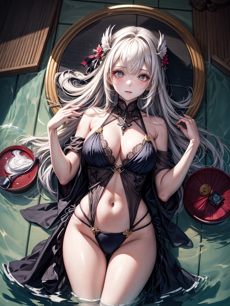 ((masterpiece)), ((best quality)), (ultra-detailed), intricated details, finely detailed, Smooth and glossy texture, vibrant colors, solo, 1girl, kawaii, Supreme deity, goddess embodies heavenly beauty, Mysteriously glowing eyes, eyelashes, Accessories that emit a mysterious shine, swimsuit, represents the goddess's mercy, shining glowing jewelry, advent of the goddess, very long hair, wings, halo, (((onsen))), ((((steam)))), ((lying_on_water)), glowing petals, indescent light, lens flare, (glow light:1.2), ,брошки,украшения,серьги ,высокая детализация,драгоценные камни, металл, нарисованные концепты