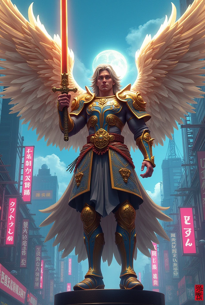 Saint Michael the Archangel with elements of Japanese pop culture
