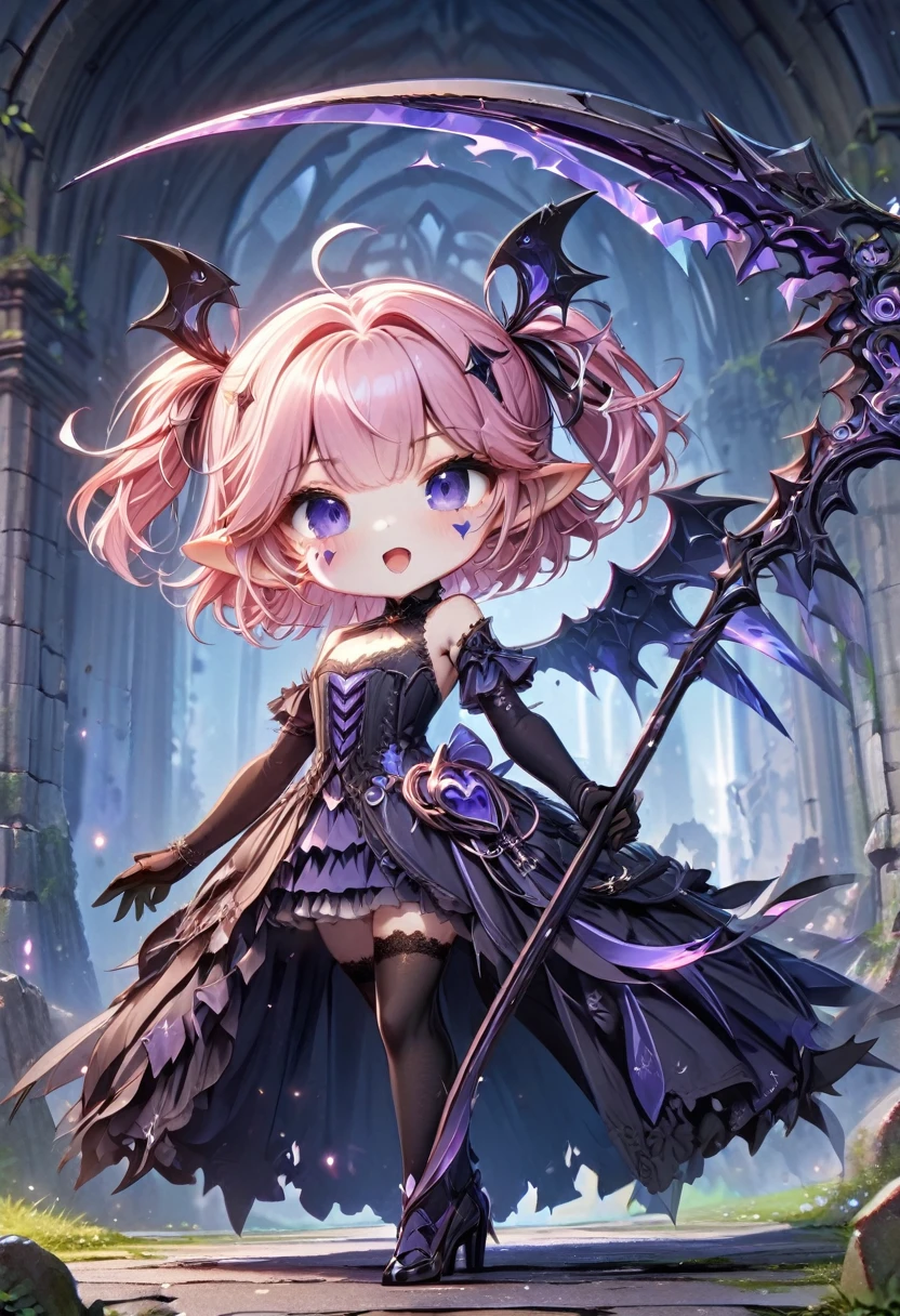 master piece, best quality, ultra-detailed, illustration, midnight, gloomy atmosphere, broken church, alter isle, broken walls, ruins, purple flames, 1girl, solo, chibi, (big head), cute pose, front view, looking at viewer, ((full body Close up)), chubby, fat, 1girl, solo, camilavtuber, ((pink hair)), (twin-tail hair), short hair, shoulder length hair, (black head wings:1.2), purple eyes, (facial mark), open mouth, laughing, slim arms, black laced arm sleeves, (black gloves), wielding scythe ,small chest, (single back wing:1.4), tail, black wedding gown, slim legs, black laced stockings, black high heels, full body shot, close up, innocent pose, Eye-Level Shot, front view, innocent pose