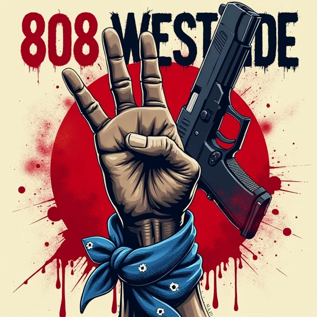 A Label art "808WESTSIDE" for a T-shirt with west coast hand sign formed by intertwining the middle finger and ring holding a glock with a blue bandana tied on it's wrist and blood scarttered as the background.