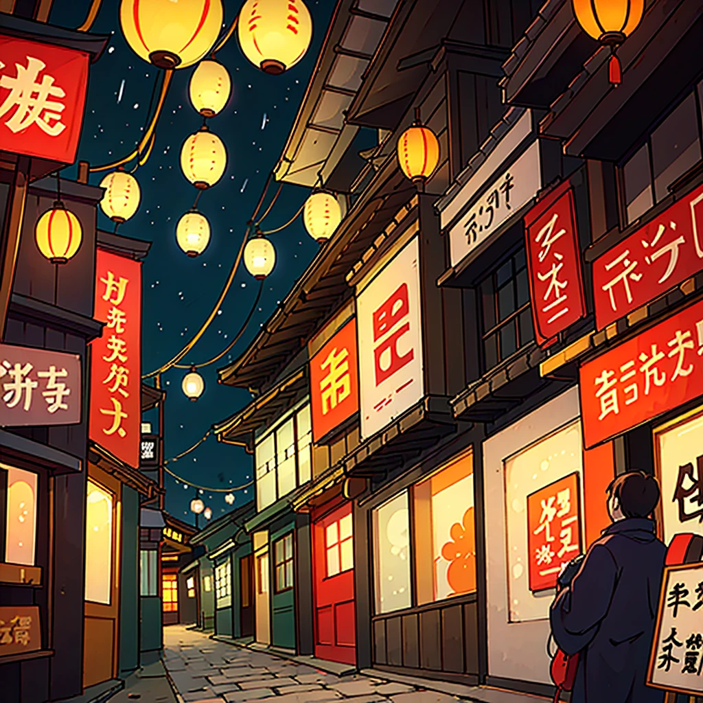 Japanese street at night, lots of lanterns. In the style of anime 90s.