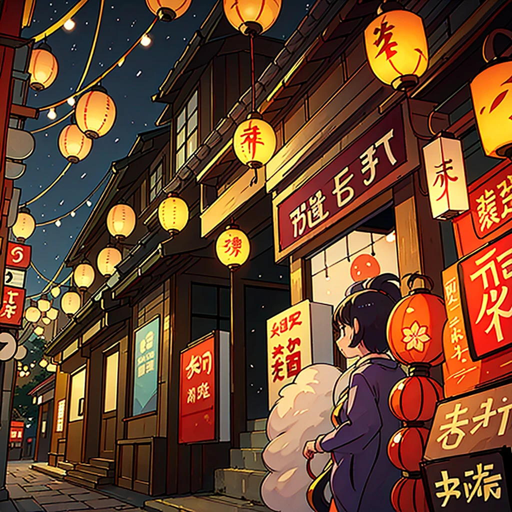 Japanese street at night, lots of lanterns. In the style of anime 90s.