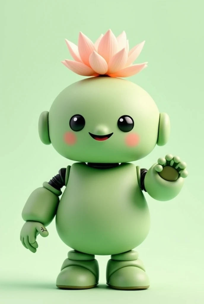 Friendly chubby robot, friendly, light green in color, and displaying a lotus flower on top of its hand