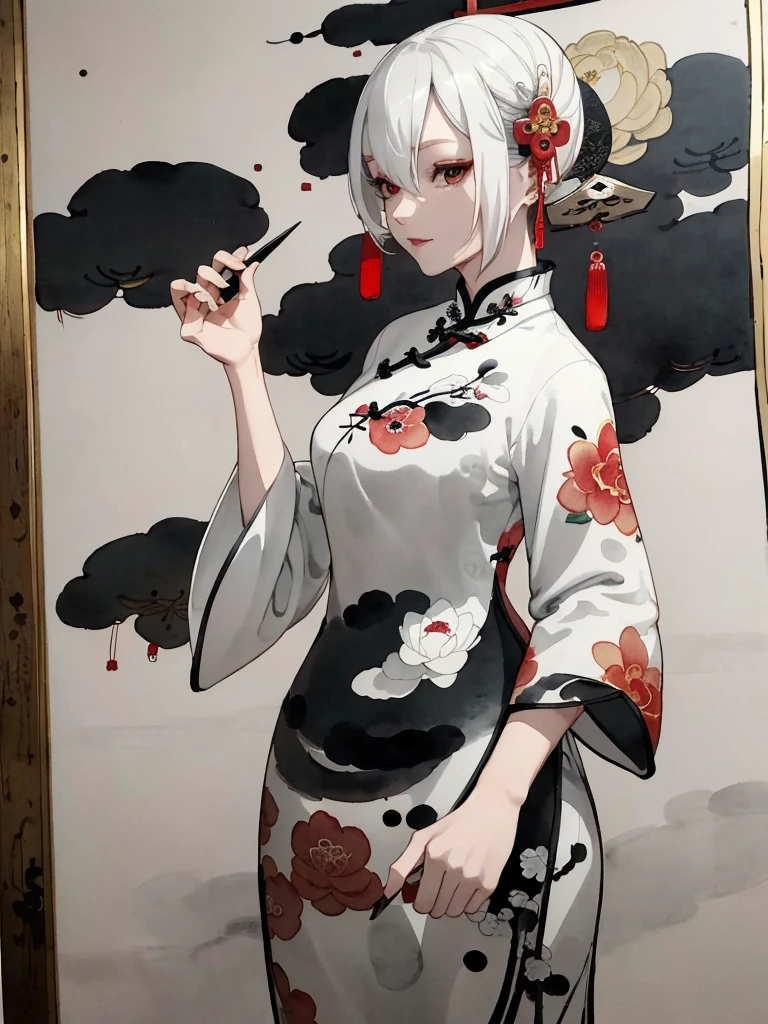 ((8k,​masterpiece、top-quality))、((Traditional Chinese Ink Painting:1.4)),lotuses,((qipao dress:1.3)),Dress conservatively ,solo、white  hair、fox ear、blanche,looking at viewert