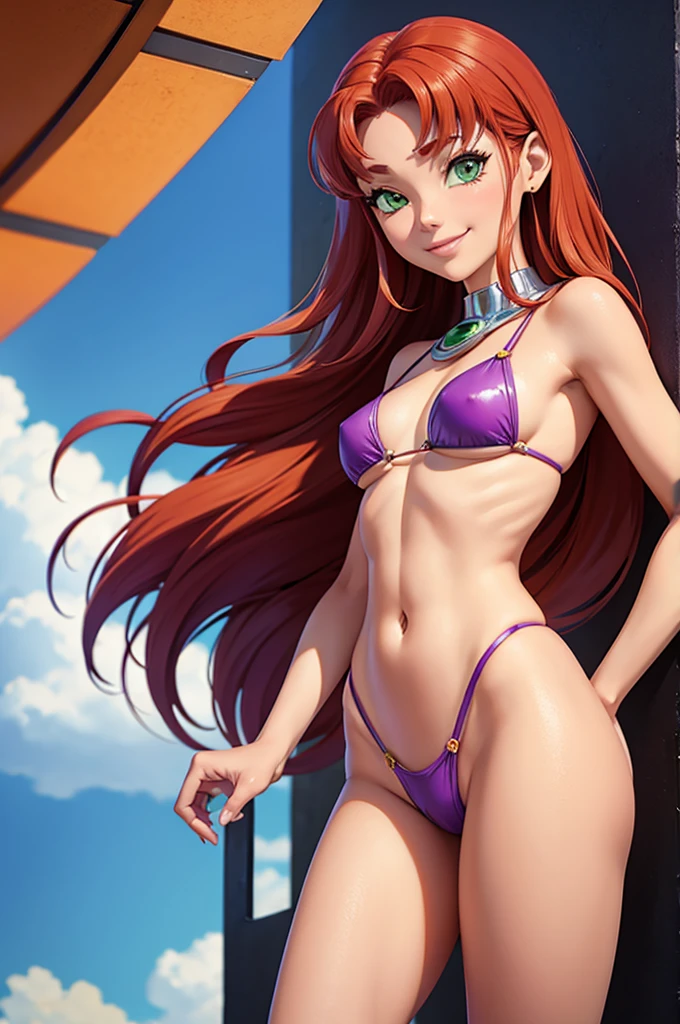 starfire, smile, slender body,
(orange skin), red hair
purple_bikini, NSFW, sexy pose,