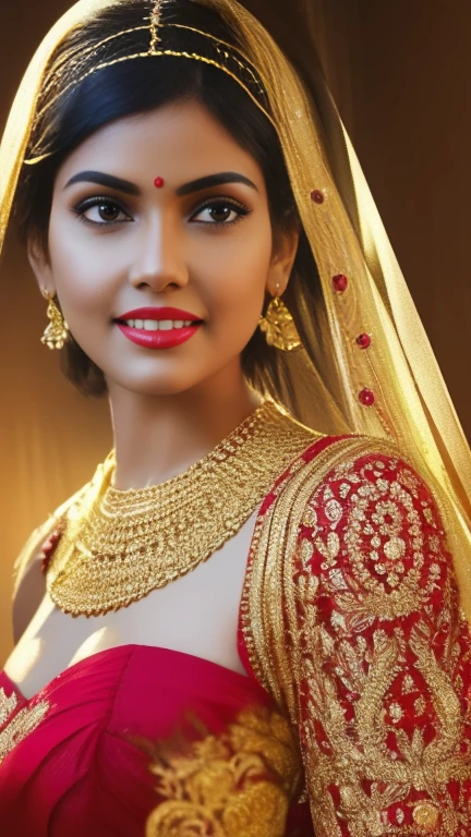 a close up of a woman in a red and gold outfit, wearing gold jewellery, indian goddess, intricate thin details in gold, 8 k sensual lighting, indian, heavy gold jewellery, cinematic goddess close shot, gold bra, golden jewellery, gorgeous woman, intricate outfit, wearing gold chain, gold jewellery, provocative indian, gorgeous beautiful woman, wearing an ornate outfit